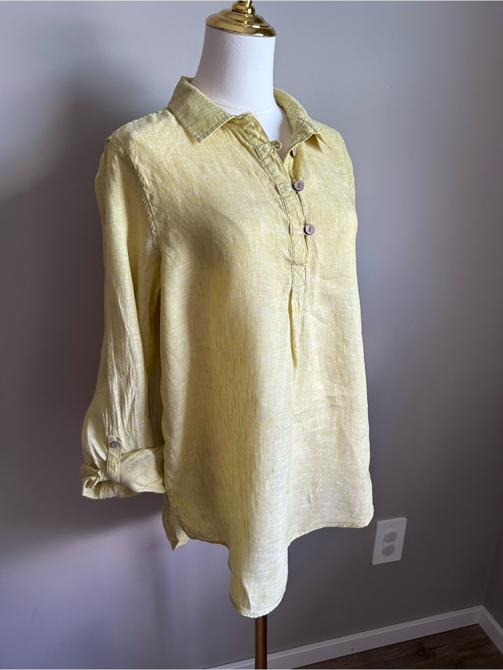 100% Linen Light Yellow green Linen Button-Front Tunic summer earthy lagenlook